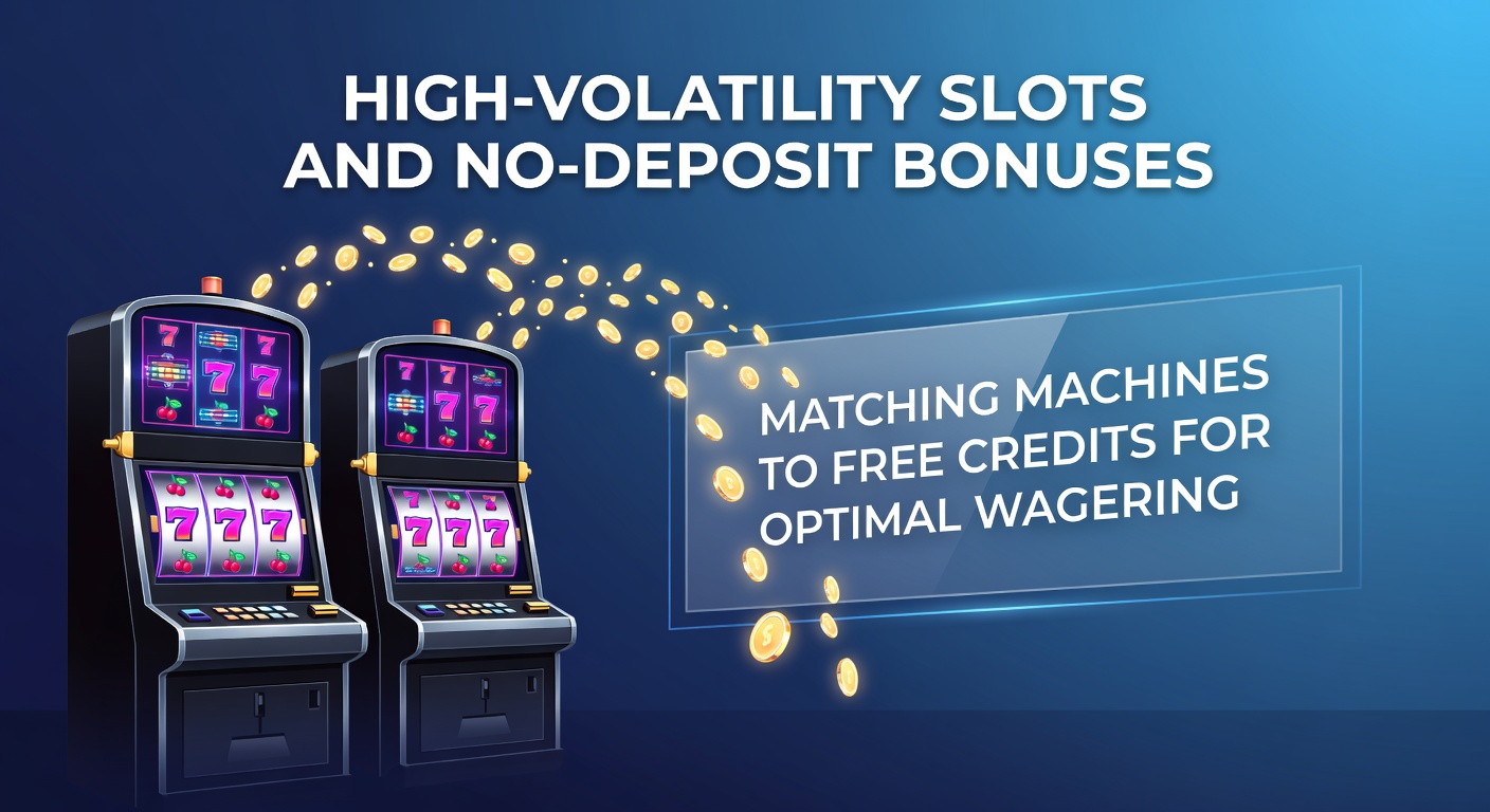 Dynamisches Bild eines hochvolatilen Slot-Automaten mit leuchtenden Symbolen und einem No-Deposit-Bonus-Banner, das hohe Gewinne andeutet