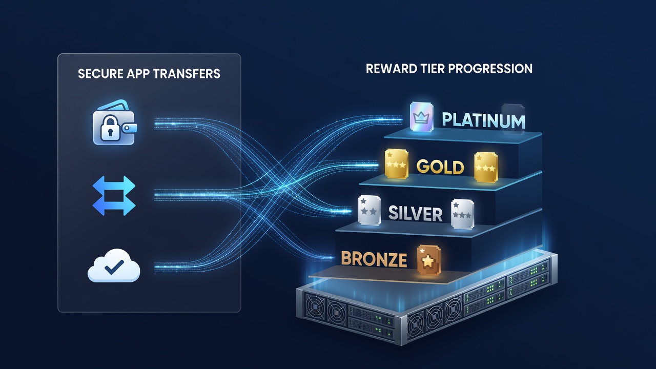 Illustration von Reward-Tier-Progression durch sichere Transfers in Kartenspiel-Apps