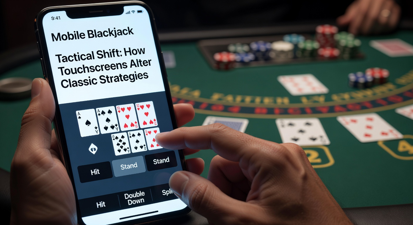 Smartphone mit Blackjack-App im Einsatz, Touchscreen-Gesten auf dem Display sichtbar